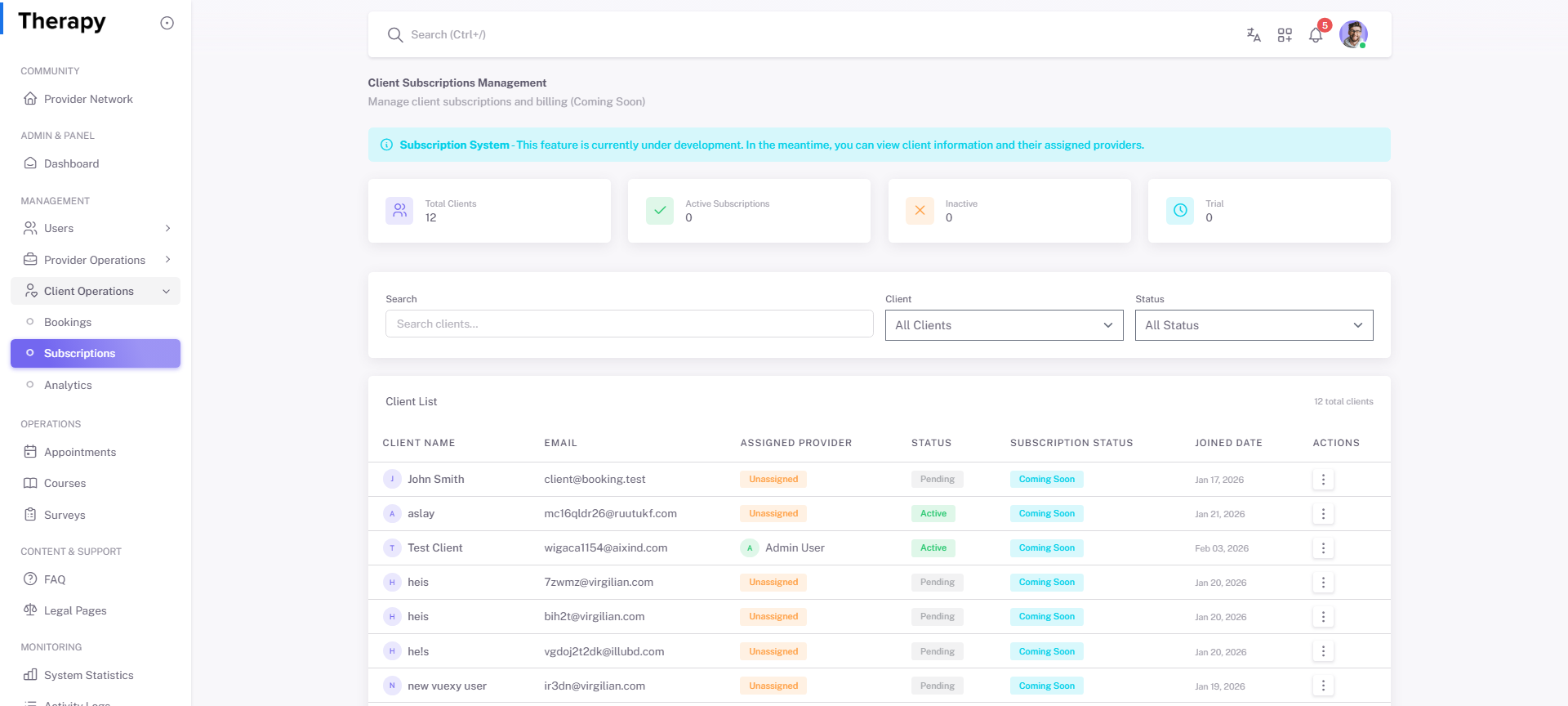Client Operations / Subscriptions screenshot 1