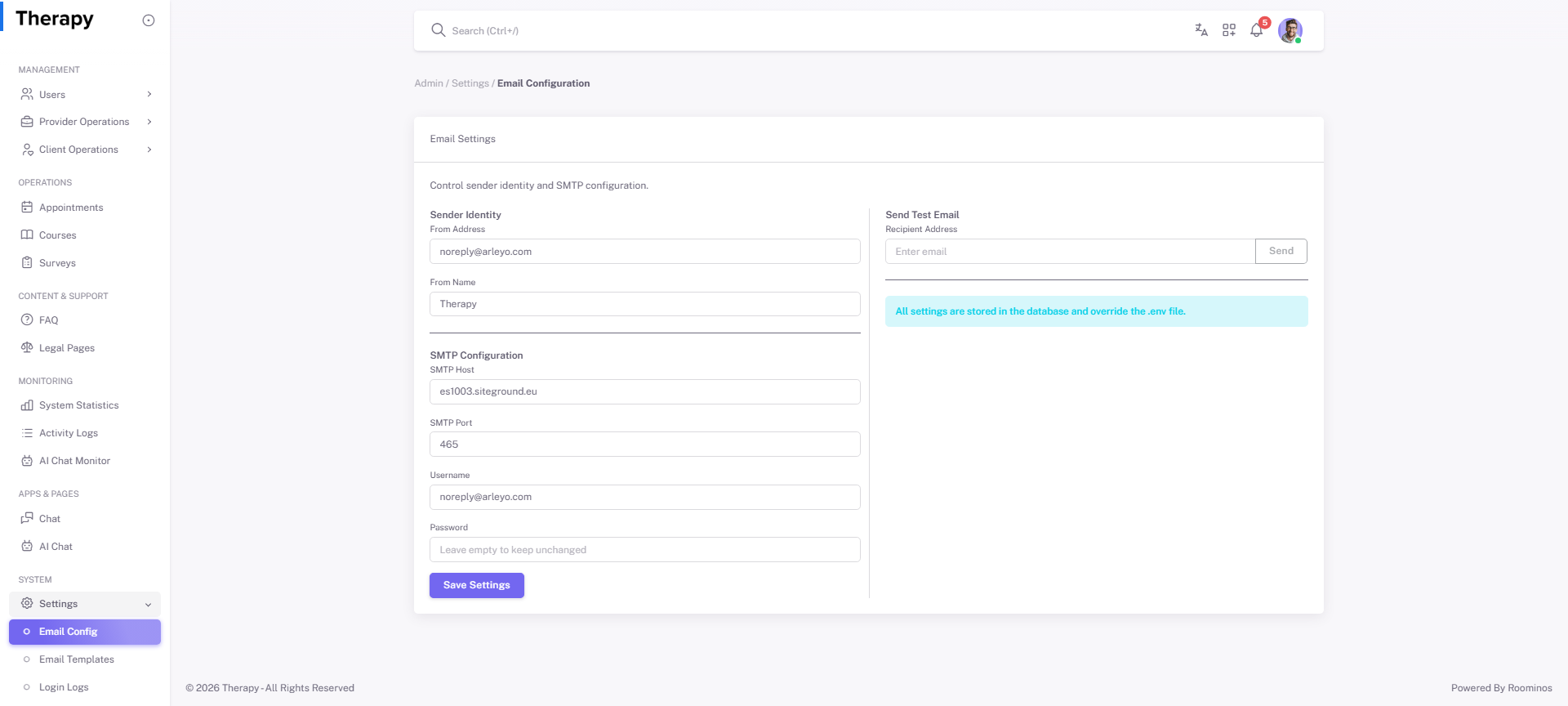 Settings / Email Config screenshot 1