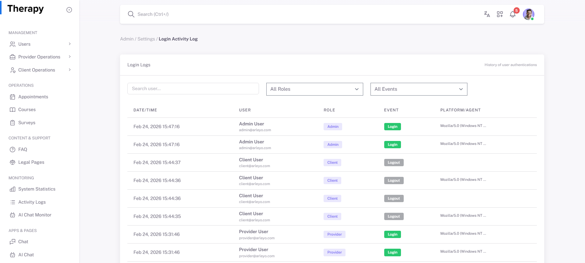 Settings / Login Logs screenshot 1