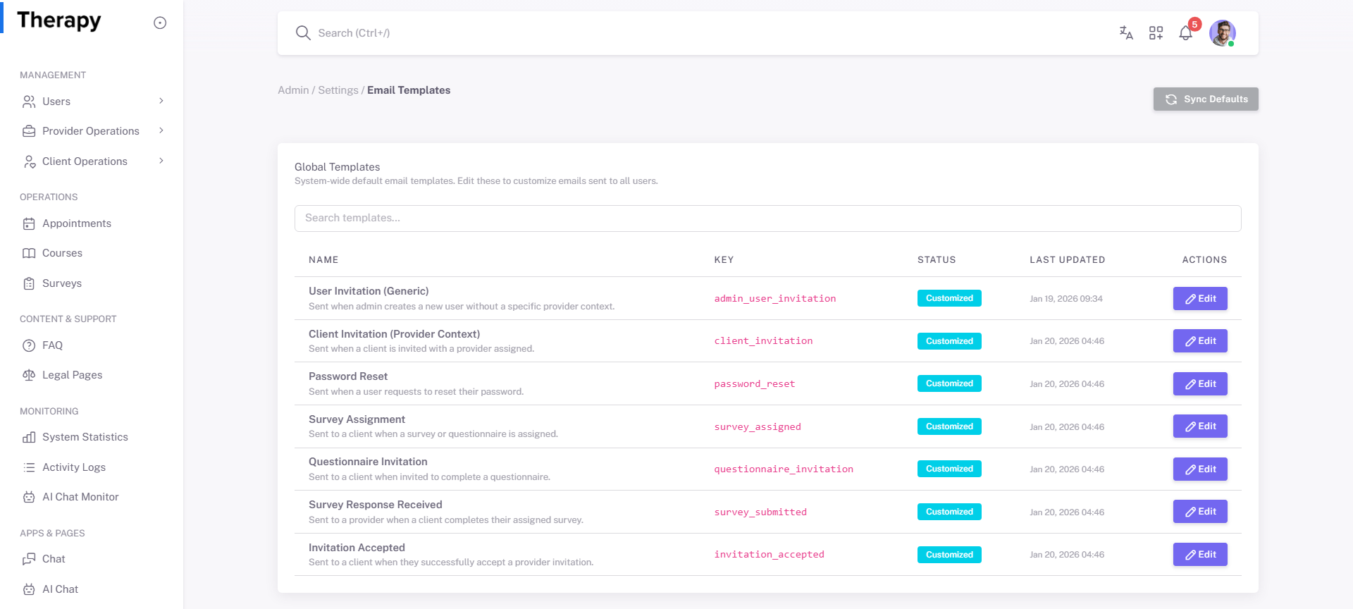 Settings / Email Templates screenshot 1