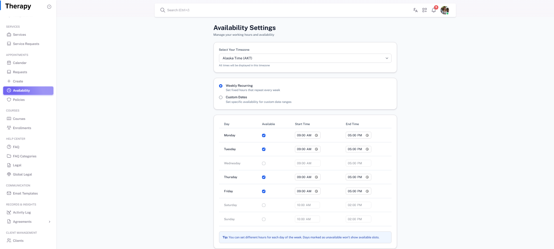 Availability Settings screenshot 1