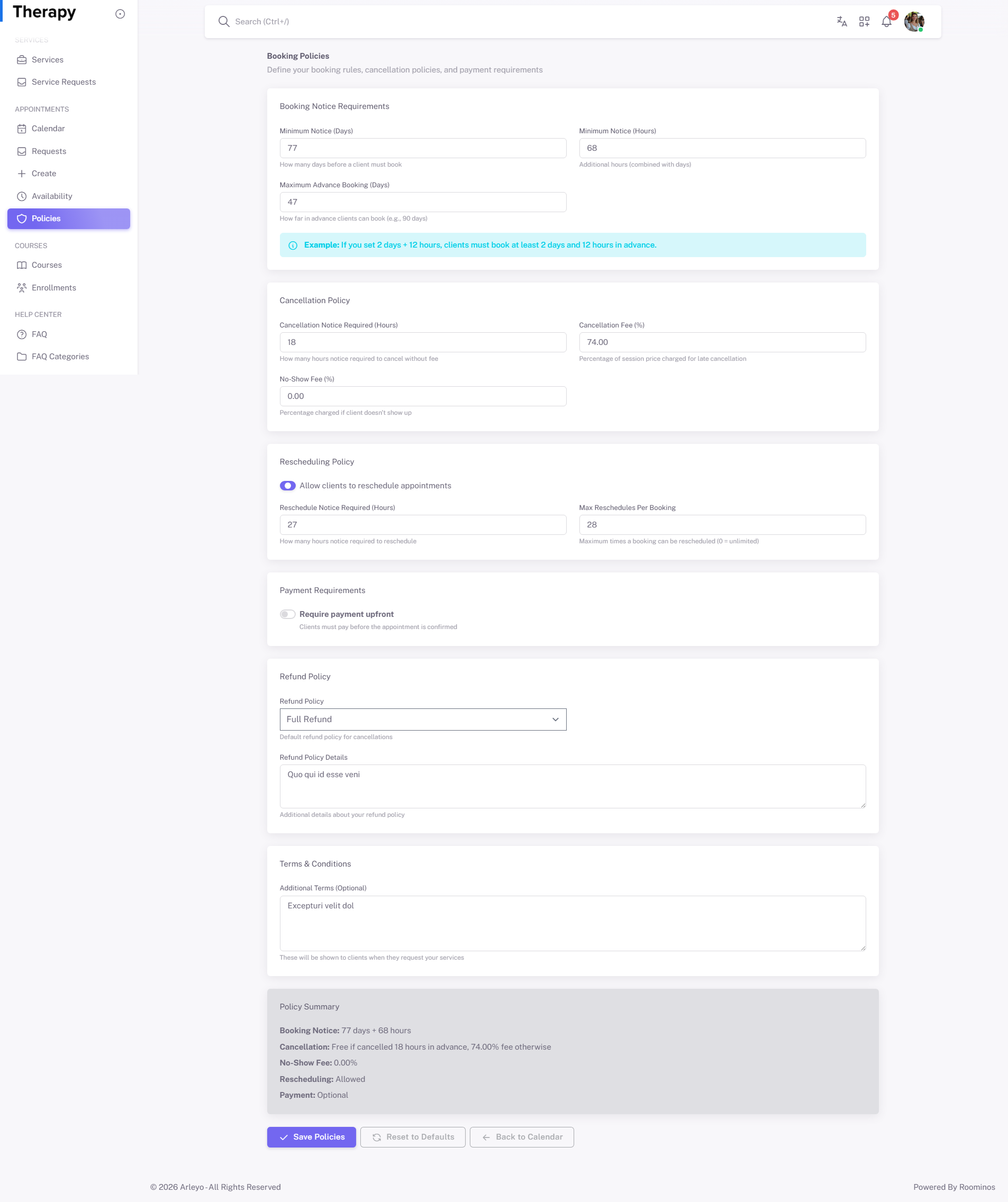 Booking Policies screenshot 1